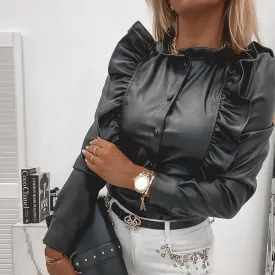 DressBetty - Leather Blouse Long Sleeve Round Collar Shirts