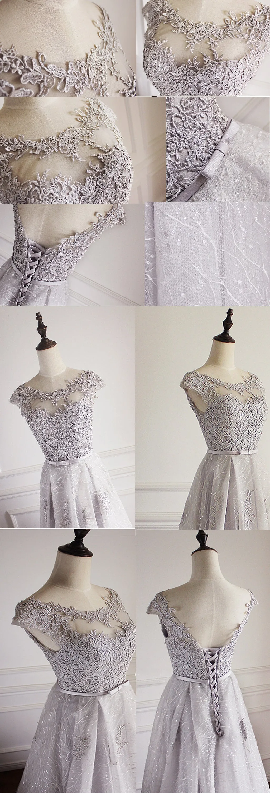 Elegant Light Grey Cap Sleeve Lac Prints Organza Appliques  A-line Lace Up Back Floor Length Bridesmaid Dresses, WG52