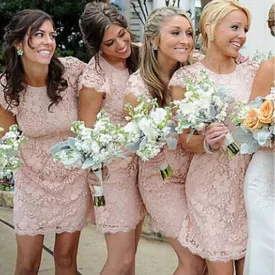 Fashion Cap Sleeve Unique Open Back Full Lace Blush Pink Mini Short Sheath Bridesmaid Dresses, WG116