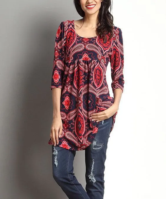 Fashion casual all-match three-quarter sleeve print mid-length T-shirt