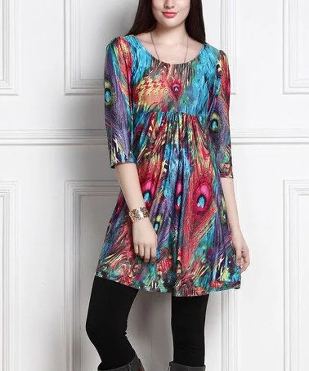 Fashion casual all-match three-quarter sleeve print mid-length T-shirt