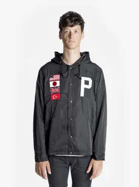 Four Flag Worldwide Hooded Windbreaker Coach Jacket in Black