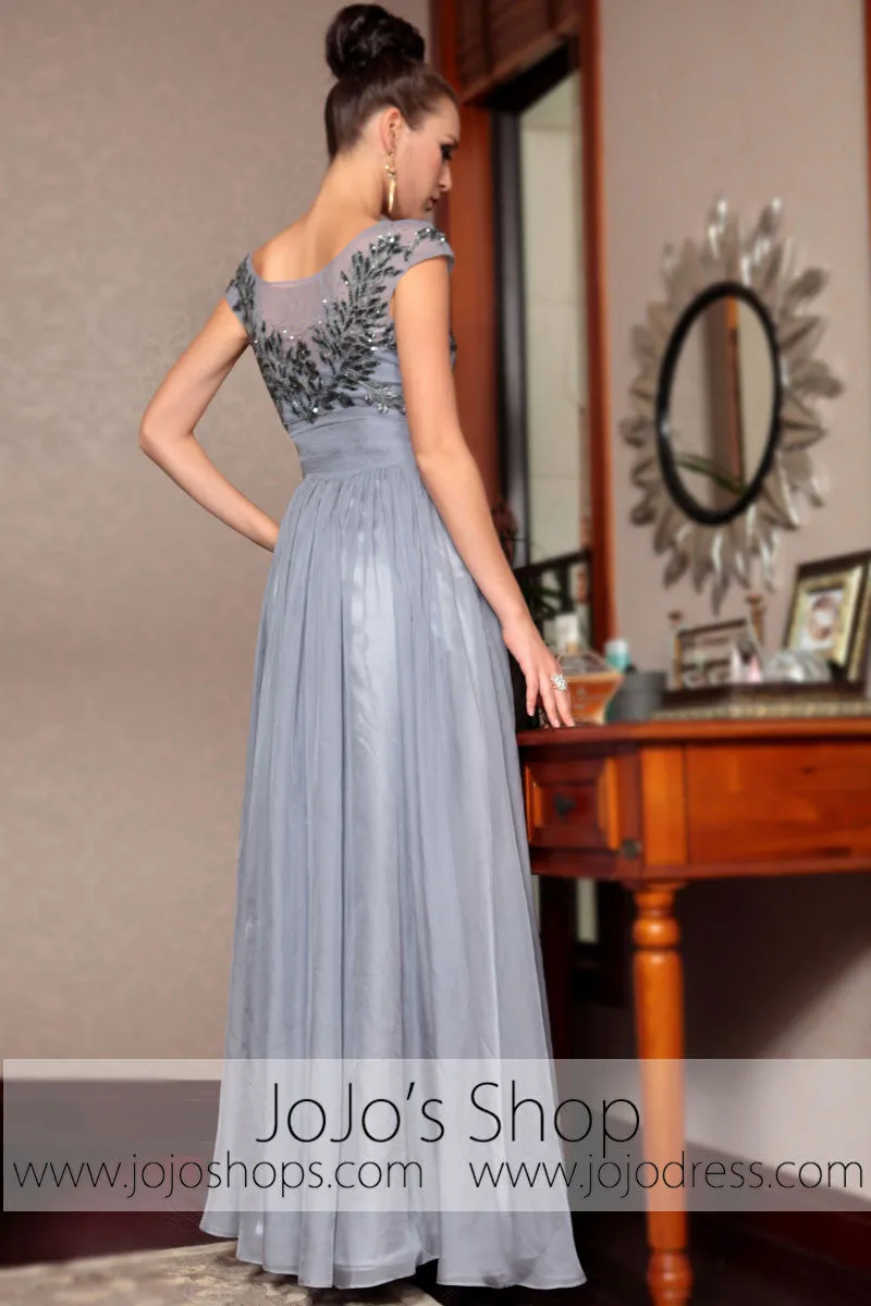 Gray Silver Cap Sleeves Modest Long Prom Evening Formal Dress DQ830852