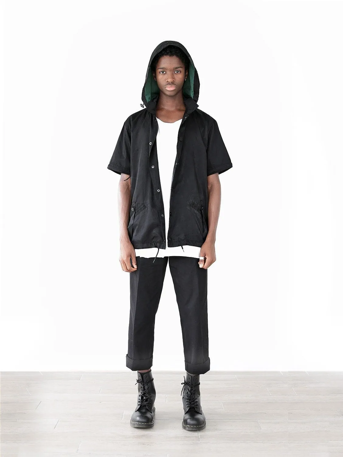 Half-Sleeve Detachable Hooded Coach Jacket Windbreaker in Black