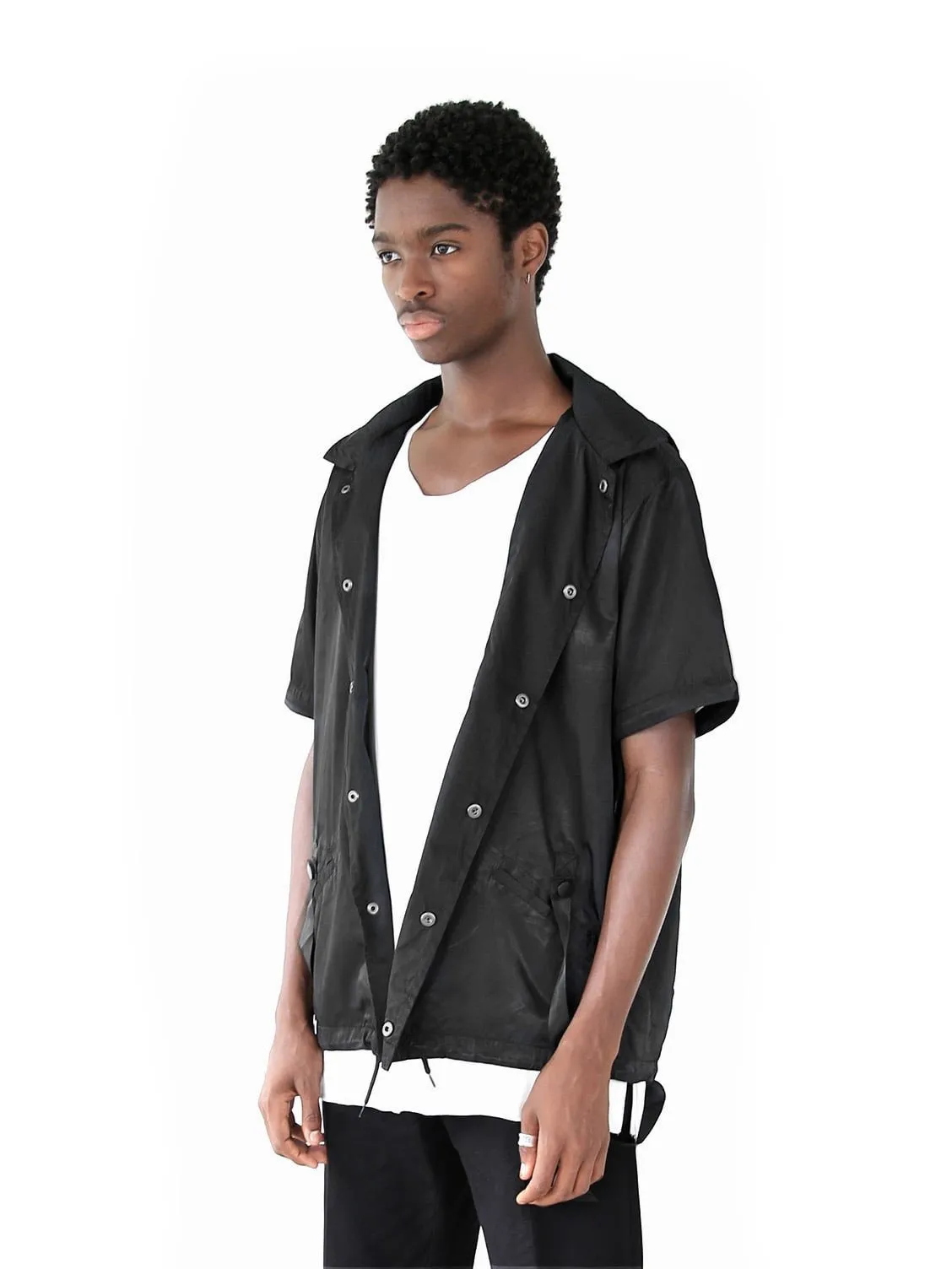 Half-Sleeve Detachable Hooded Coach Jacket Windbreaker in Black