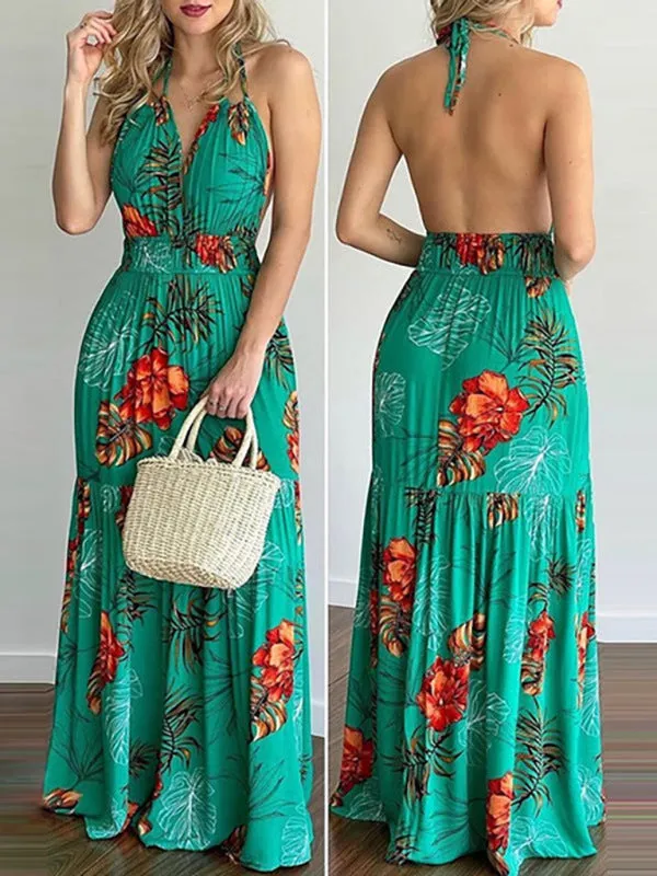 Halterneck Tie V-neck Floral Print Open-back Maxi Dress