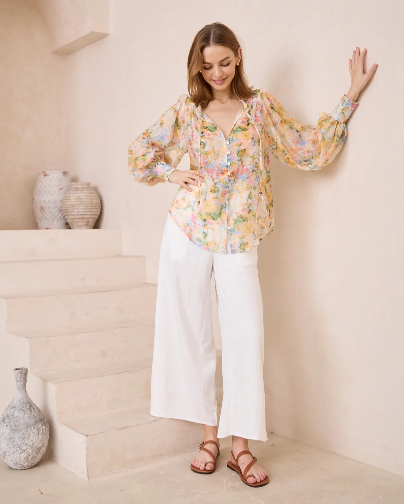 Iris Maxi - Anna Bohemian Blouse V Neck Long Sleeve Buttoned - Bouquet