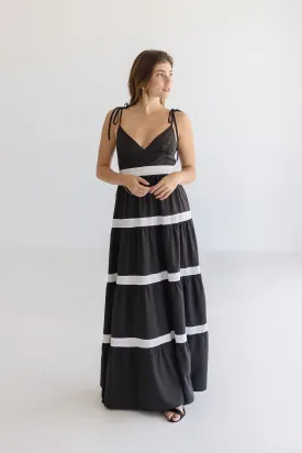 Jenny Sleeveless Shoulder Tie Stripe Print Maxi Dress Black