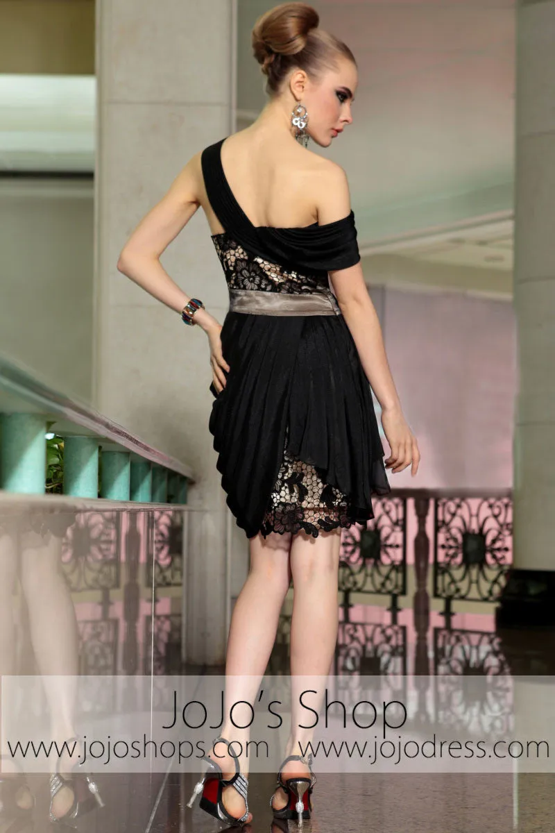 Little Black One Shoulder Lace Party Cocktail Evening Formal Dress DQ86055