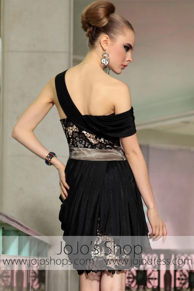 Little Black One Shoulder Lace Party Cocktail Evening Formal Dress DQ86055