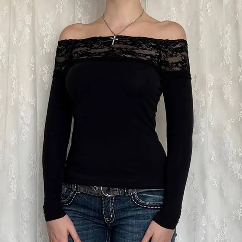 LVSANW CIBBAR Black Lace Stitched Slash Neck Crop Top Elegant Sexy Skinny Long Sleeve T Shirts for Women Harajuku Y2k Autumn Tees Basic