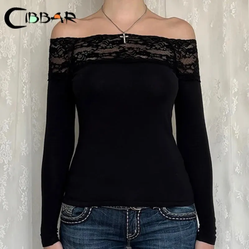 LVSANW CIBBAR Black Lace Stitched Slash Neck Crop Top Elegant Sexy Skinny Long Sleeve T Shirts for Women Harajuku Y2k Autumn Tees Basic