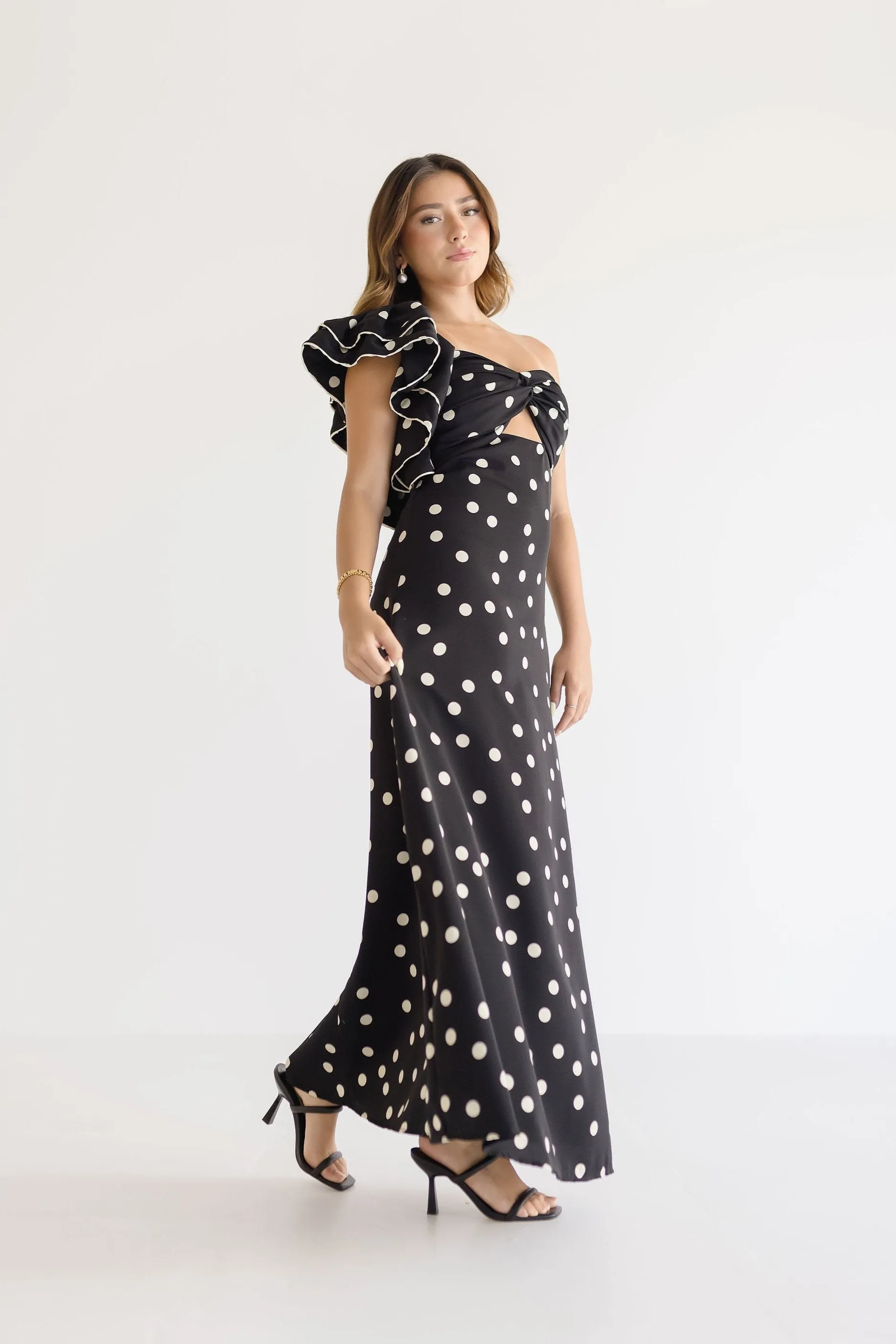 Monique One Shoulder Polka Dot Print Maxi Dress Black