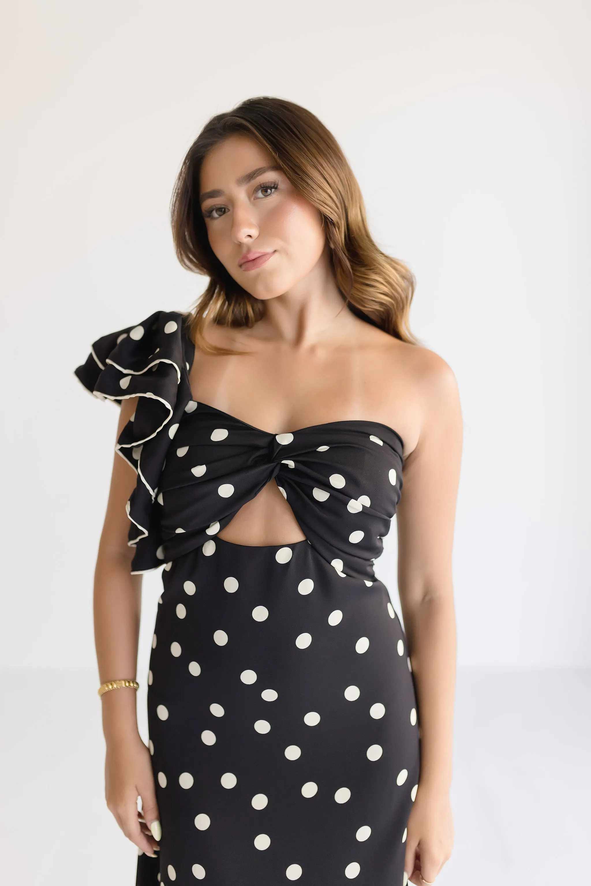 Monique One Shoulder Polka Dot Print Maxi Dress Black