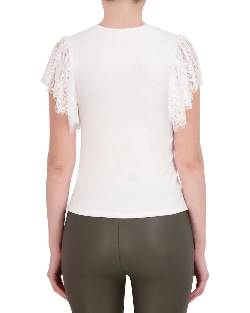 Ookie & Lala Crew Neck Top with Lace Shoulder Detail