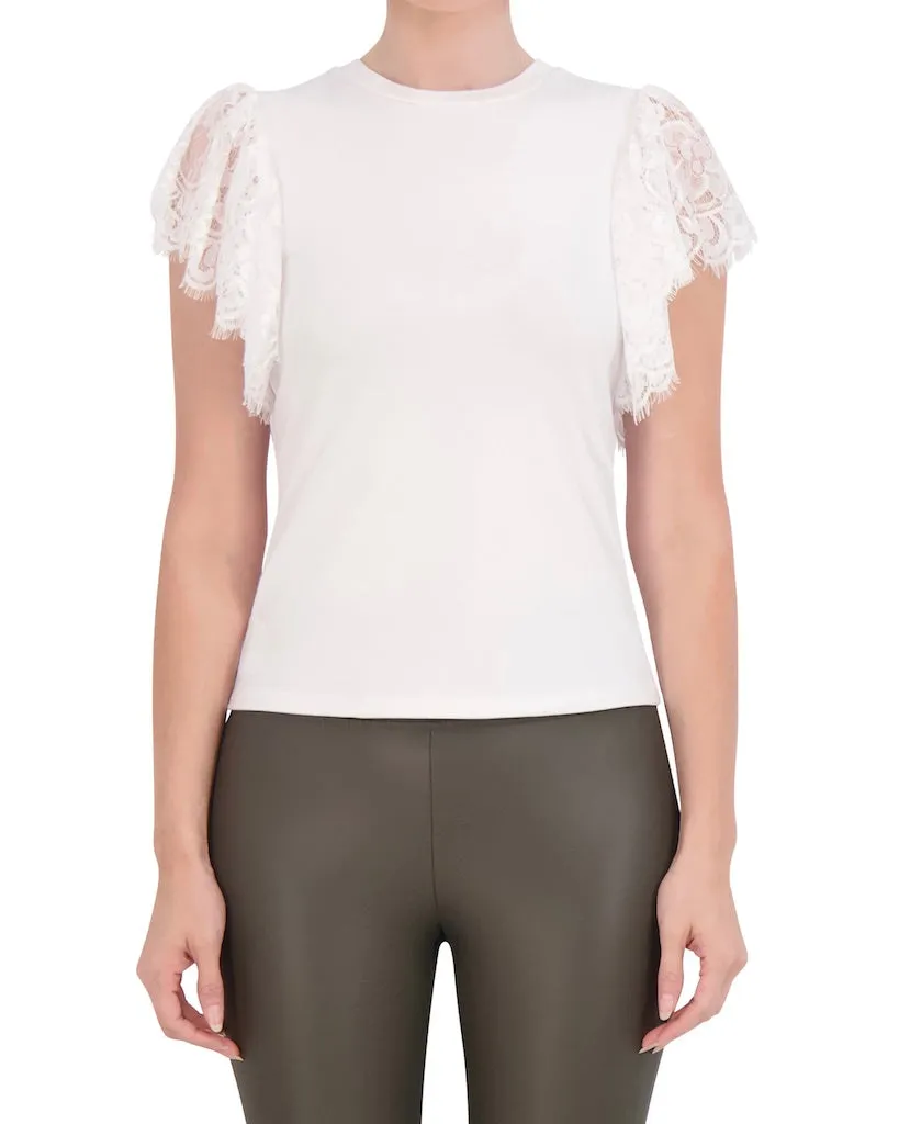 Ookie & Lala Crew Neck Top with Lace Shoulder Detail