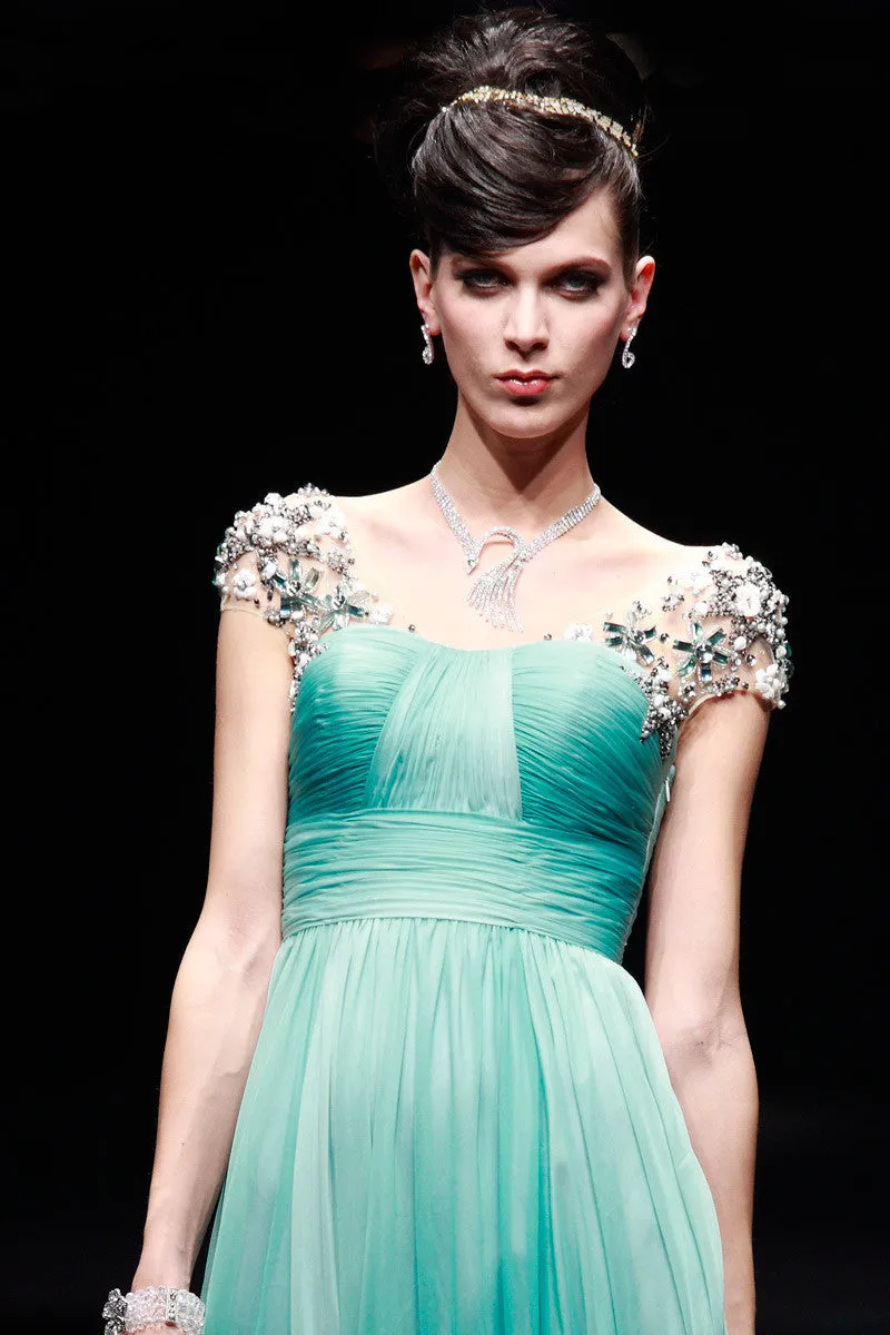 Regency Style Green Cap Sleeves Prom Pageant Evening Gown SA880639