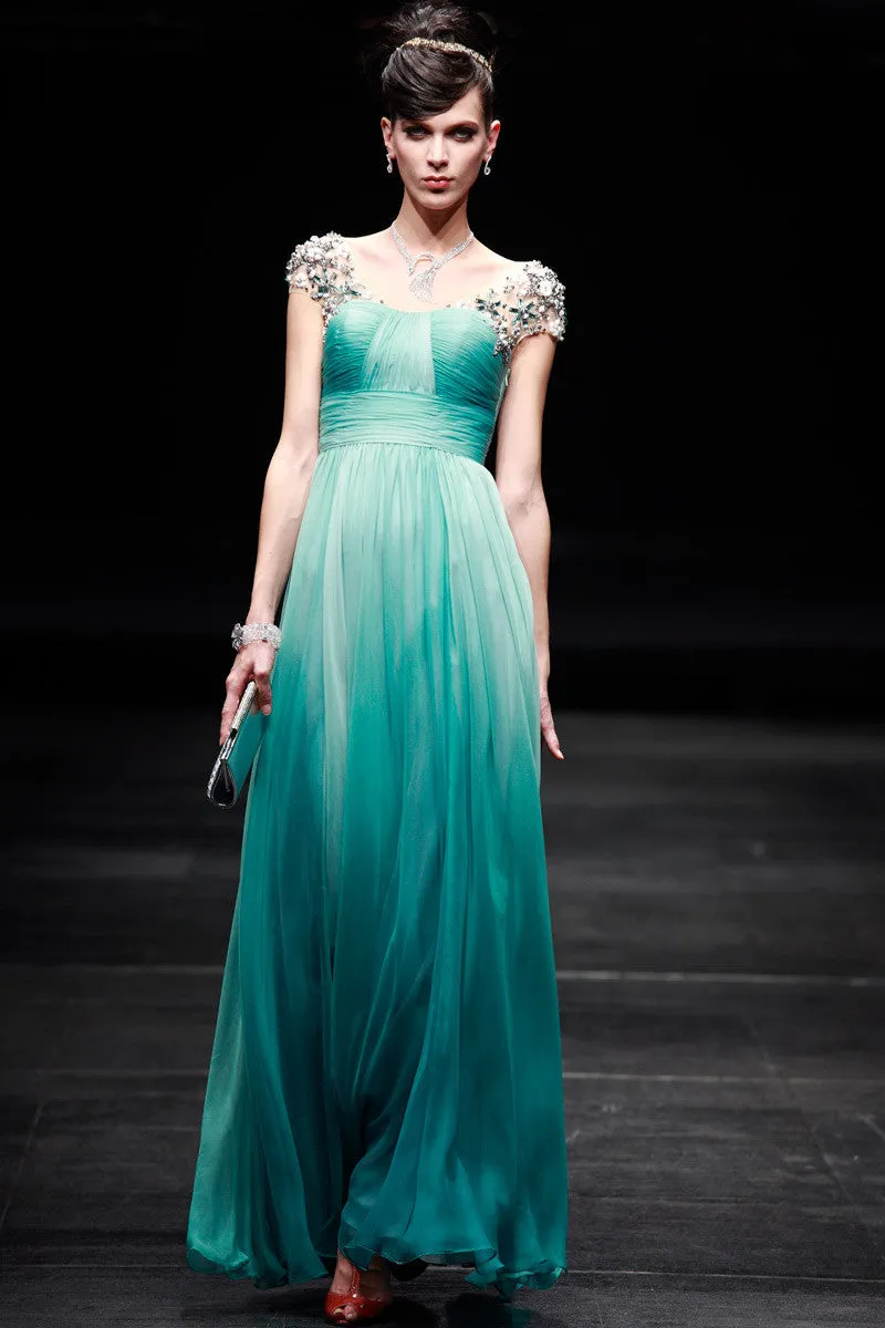 Regency Style Green Cap Sleeves Prom Pageant Evening Gown SA880639