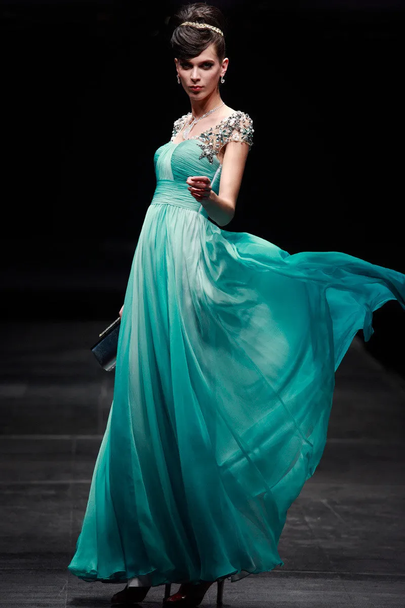 Regency Style Green Cap Sleeves Prom Pageant Evening Gown SA880639