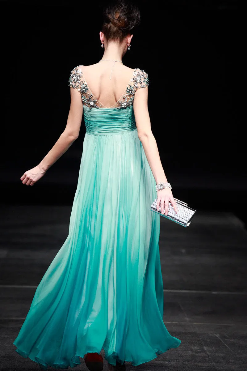 Regency Style Green Cap Sleeves Prom Pageant Evening Gown SA880639