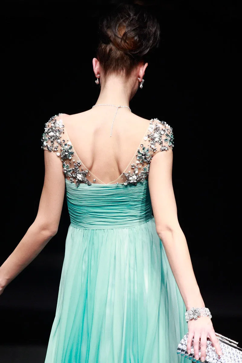 Regency Style Green Cap Sleeves Prom Pageant Evening Gown SA880639