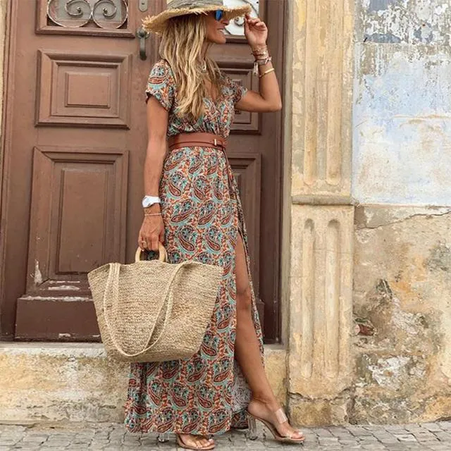 Retro Maxi Dress Women V Neck Short Sleeve Dress Female Floral Print Belt Beach Holiday Long Split Dresses Ladies Elegant Robe