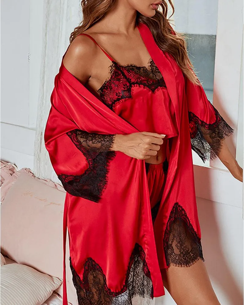 Satin Eyelash Lace Tied Detail Cami Set With Robe