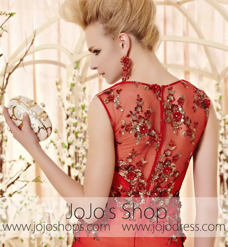 Sexy Red Sleeveless Dress with Floral Applique CX830335