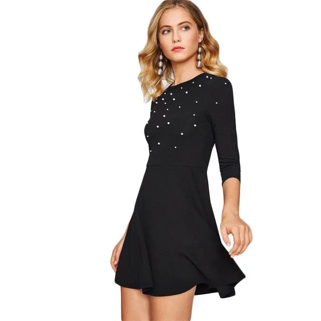 Sheinside Pearl Embellished Party Dress Zip Fit & Flare Women Black 3/4 Sleeve Skater Dresses 2017 Elegant Mini Dress