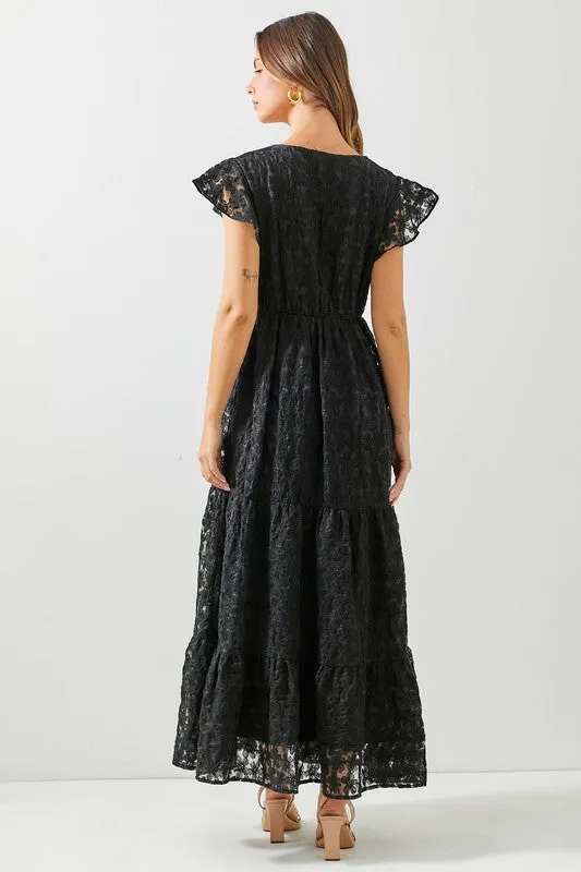 Teanna Short Sleeve Floral Print Lace Maxi Dress Black