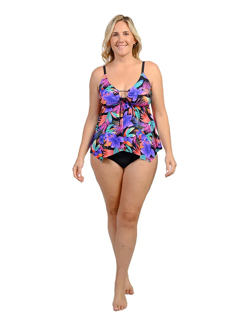 Tiered front tankini with a mid rise bottom in missy sizes