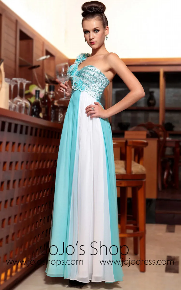 Turquoise and White One Shoulder Prom Formal Evening Dress