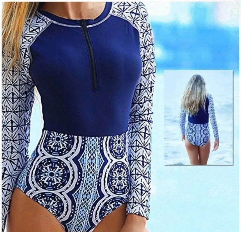 UPF longsleeve swimsuit Le Bleu Rashguard surfsuit navy blue white modest swim surf snorkel paddle womens cruise resort paddle board 2024