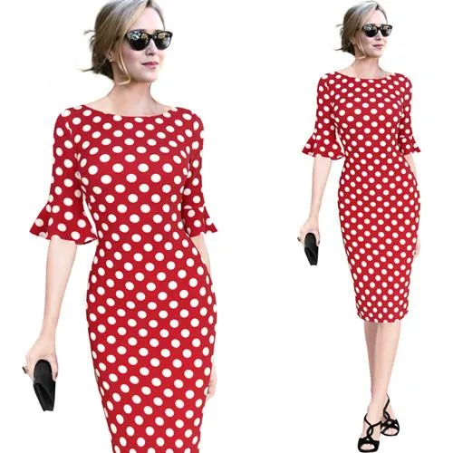 Vfemage Women Elegant Flare Trumpet Bell Sleeve Polka Dot Print Vintage Pinup Casual Work Office Party Bodycon Sheath Dress 7692