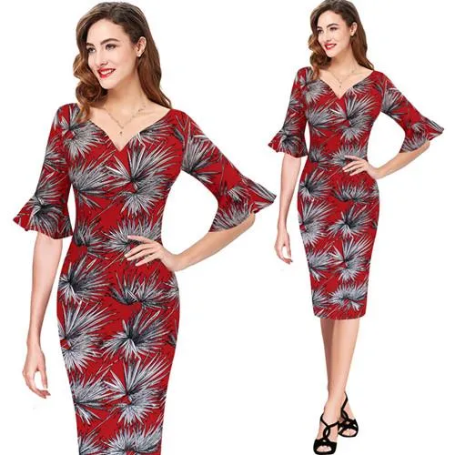 Vfemage Women Elegant Flare Trumpet Bell Sleeve Polka Dot Print Vintage Pinup Casual Work Office Party Bodycon Sheath Dress 7692