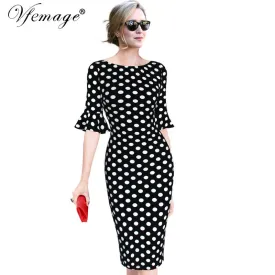 Vfemage Women Elegant Flare Trumpet Bell Sleeve Polka Dot Print Vintage Pinup Casual Work Office Party Bodycon Sheath Dress 7692