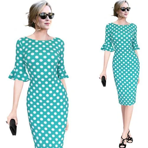 Vfemage Women Elegant Flare Trumpet Bell Sleeve Polka Dot Print Vintage Pinup Casual Work Office Party Bodycon Sheath Dress 7692