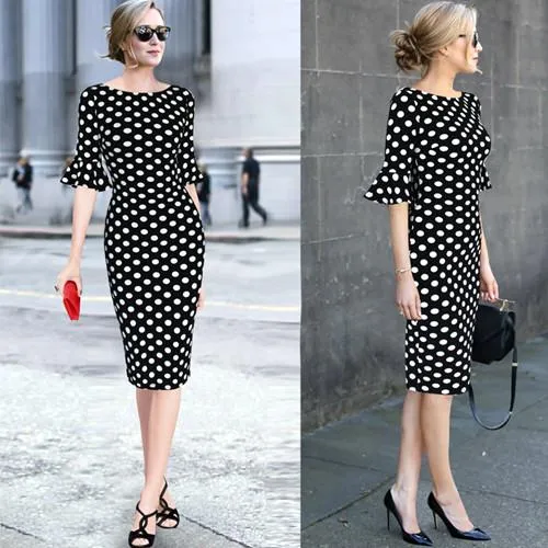 Vfemage Women Elegant Flare Trumpet Bell Sleeve Polka Dot Print Vintage Pinup Casual Work Office Party Bodycon Sheath Dress 7692