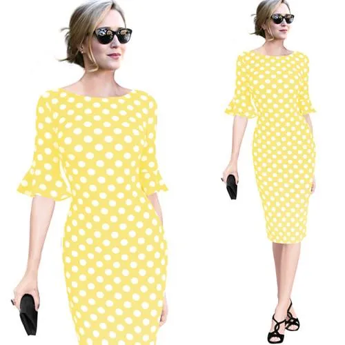 Vfemage Women Elegant Flare Trumpet Bell Sleeve Polka Dot Print Vintage Pinup Casual Work Office Party Bodycon Sheath Dress 7692