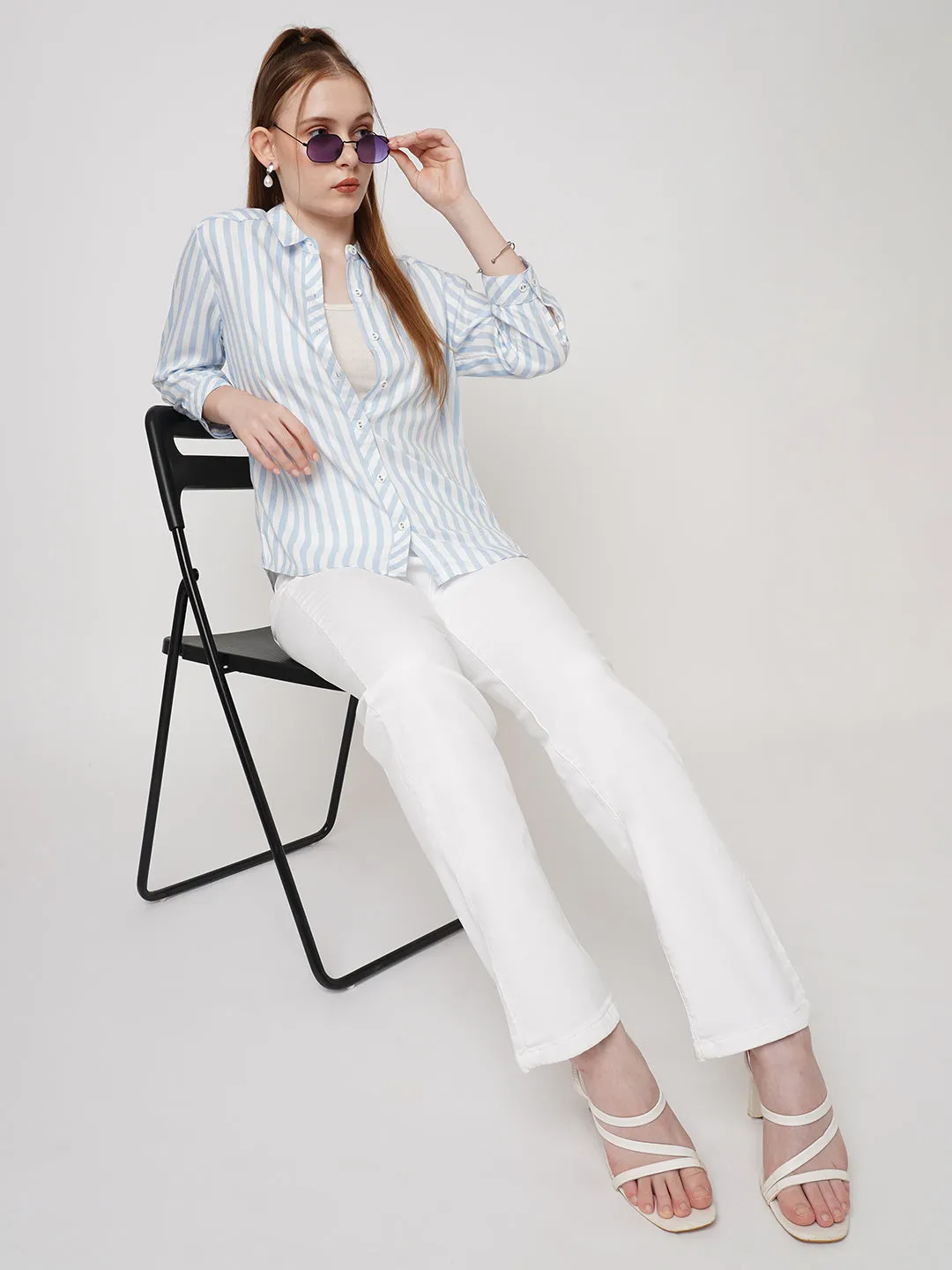 Women Slim Fit Sky/White Stripe Shirt