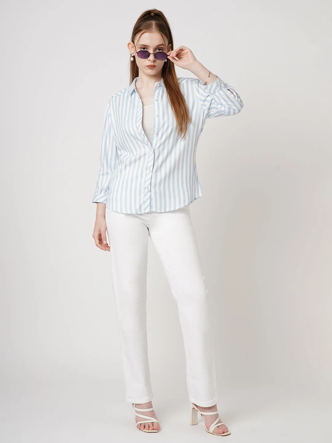 Women Slim Fit Sky/White Stripe Shirt