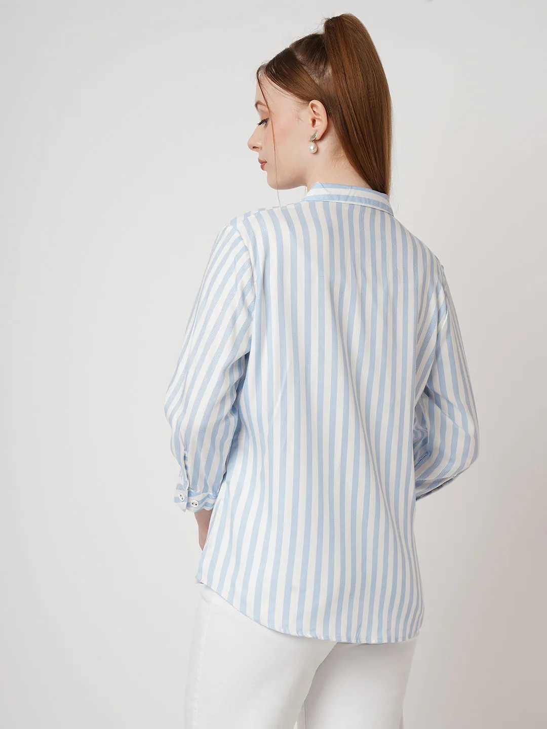 Women Slim Fit Sky/White Stripe Shirt