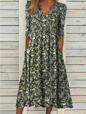 Women's Casual Dress Midi Dress Green Half Sleeve Floral Ruched Summer Spring Fall V Neck Casual Weekend 2023 S M L XL XXL 3XL