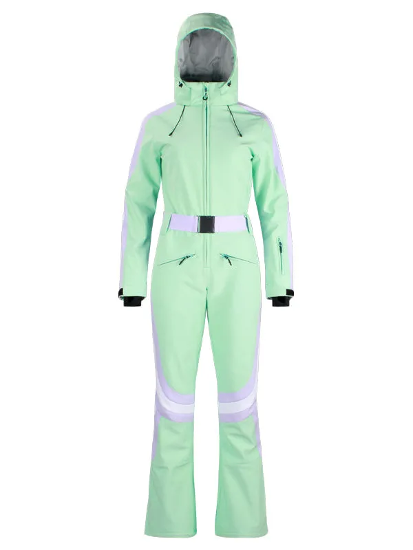 Women's Gsou Snow Retro Belted Stripe Flare One Piece Ski Suit