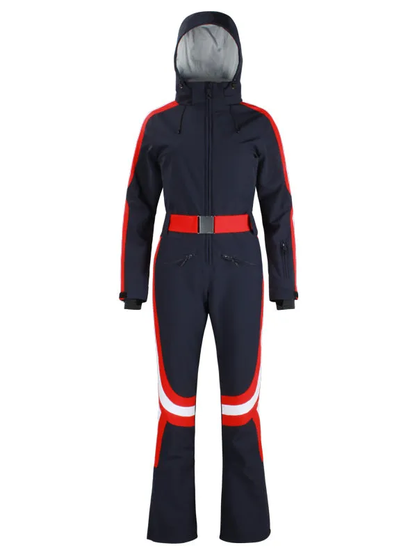 Women's Gsou Snow Retro Belted Stripe Flare One Piece Ski Suit