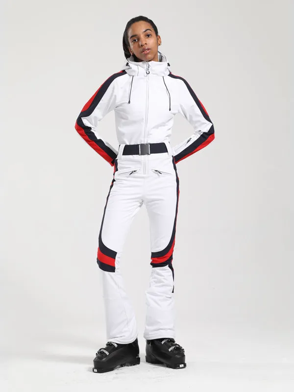 Women's Gsou Snow Retro Belted Stripe Flare One Piece Ski Suit