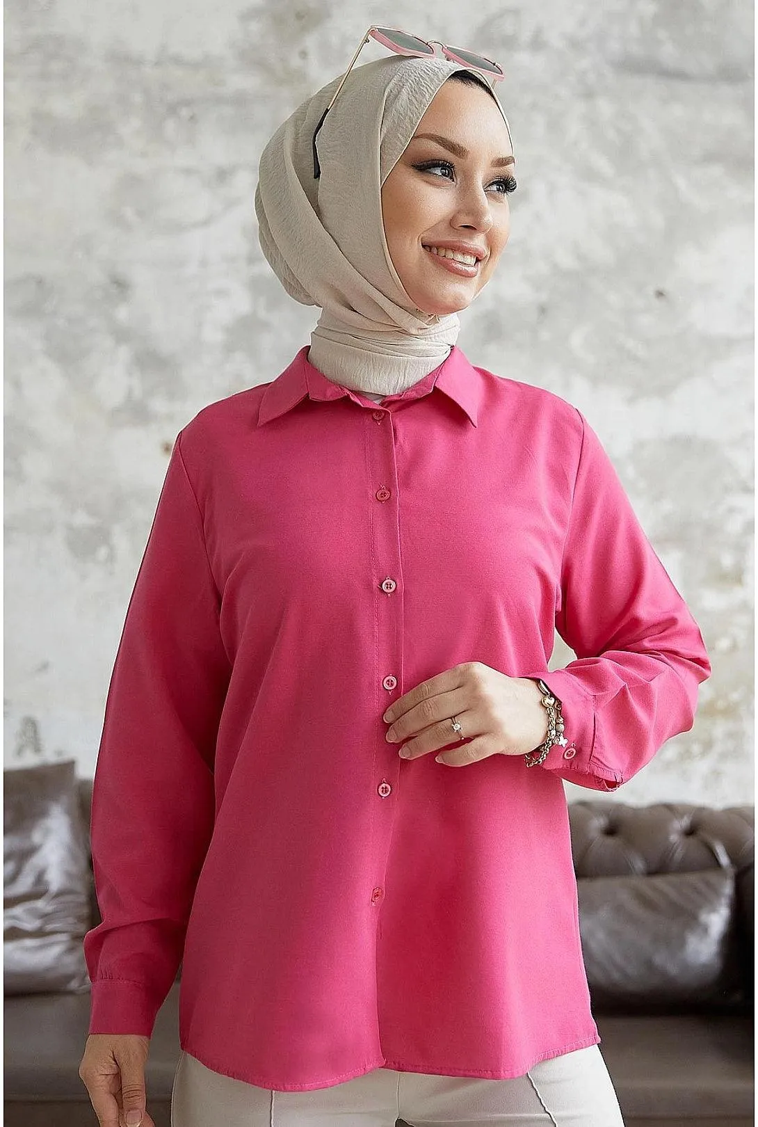 Women's Modest Fuchsia Pink Long Sleeve Collar Shirt