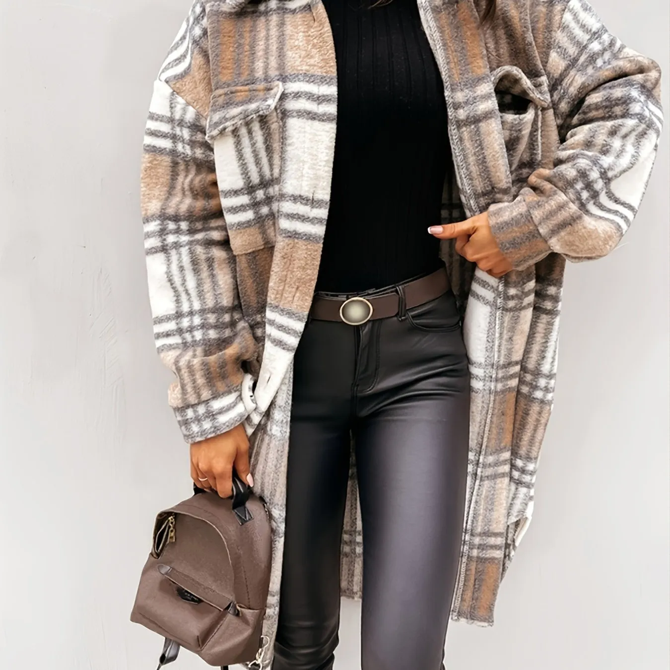 Women's Outerwear Casual Long Sleeve Plaid Brushed Mid-length Loose Jacket