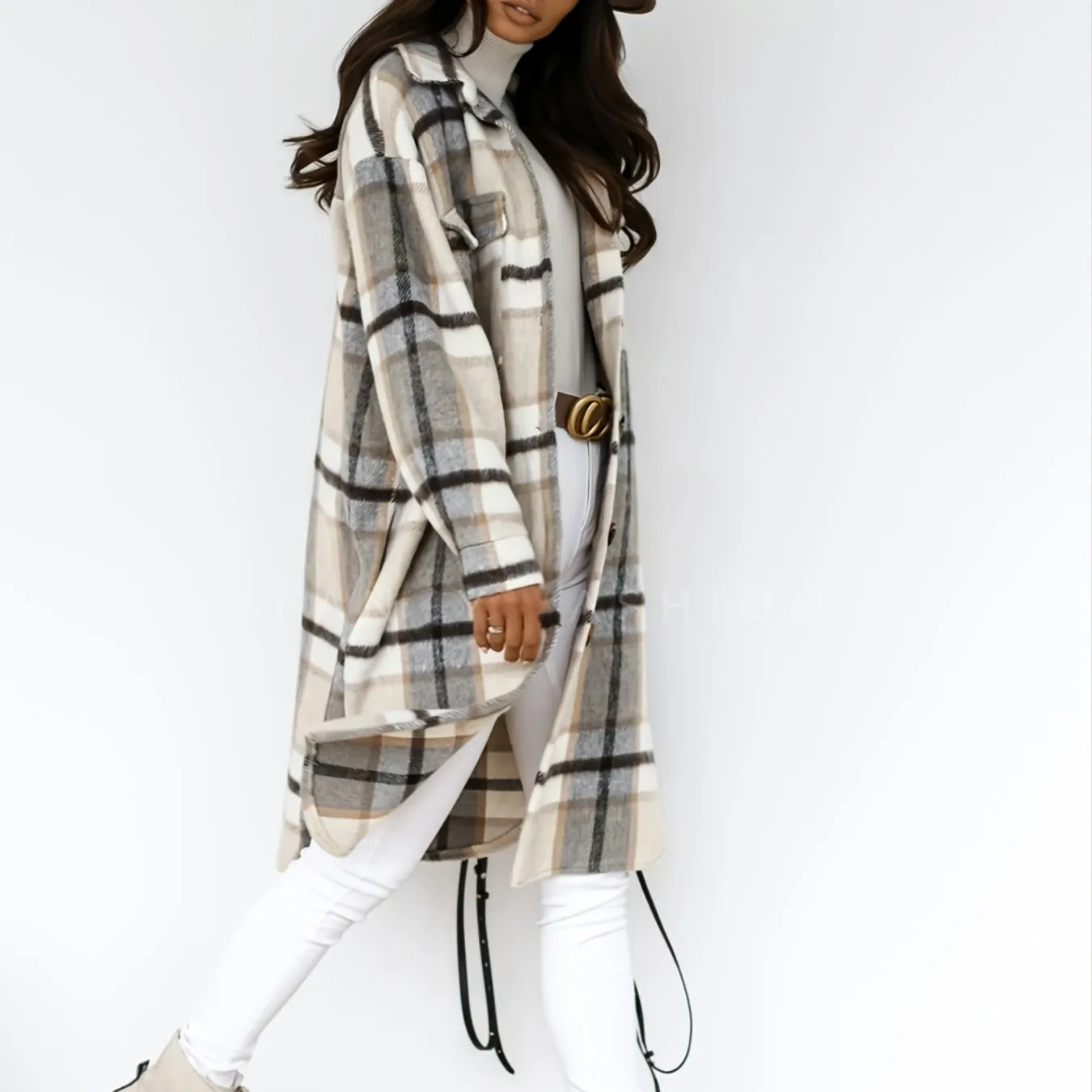 Women's Outerwear Casual Long Sleeve Plaid Brushed Mid-length Loose Jacket