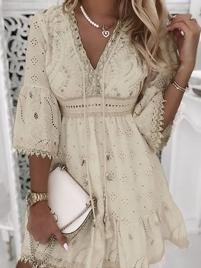 Women's Party Dress Casual Dress Lace Dress Mini Dress White Beige 3/4 Length Sleeve Embroidery Ruched Summer Spring Fall V Neck Fashion Wedding Summer Dress Office 2023 S M L XL 2XL 3XL